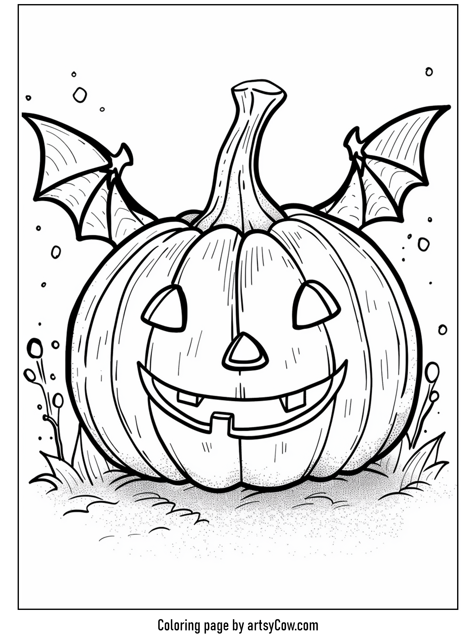 halloween pumpkin drawings for kids. A cheerful pumpkin with bat wings drawn in black and white for coloring.
